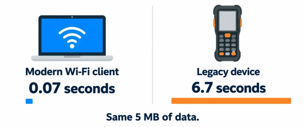 Airtime comparison showing how one device slowing down wifi network takes much longer for the same data