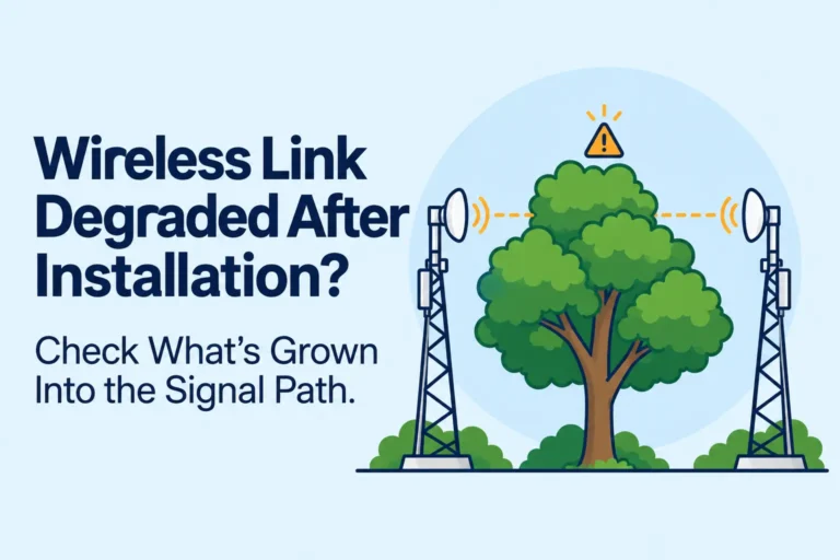 Wireless link degraded after installation: tree grown into the signal path between two towers.