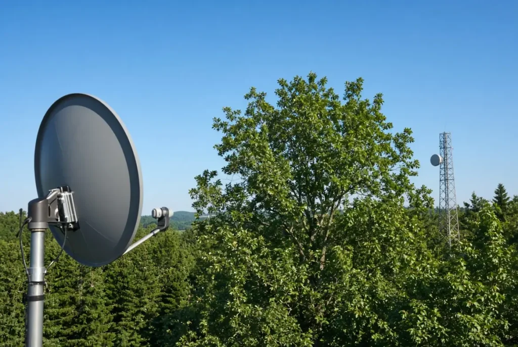 Dish aimed toward a far tower, with a summer tree crown blocking the path.
