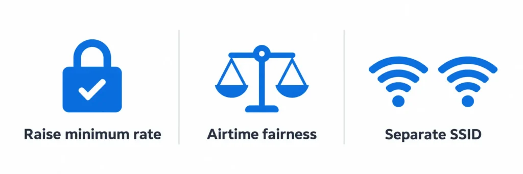 Main fixes for one device slowing down wifi network: minimum rate, airtime fairness, and separate SSID